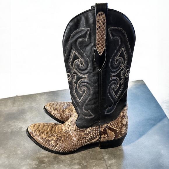 Men's Corral Exotic Python & Leather Western Cowboy Boots Brown & Black 9.5 D - Picture 1 of 16